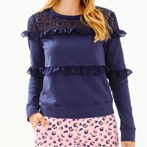 Lilly Pulitzer Sonja Lace Eyelet Yoke Crotchet Tiered Ruffle Navy Sweatshirt XL